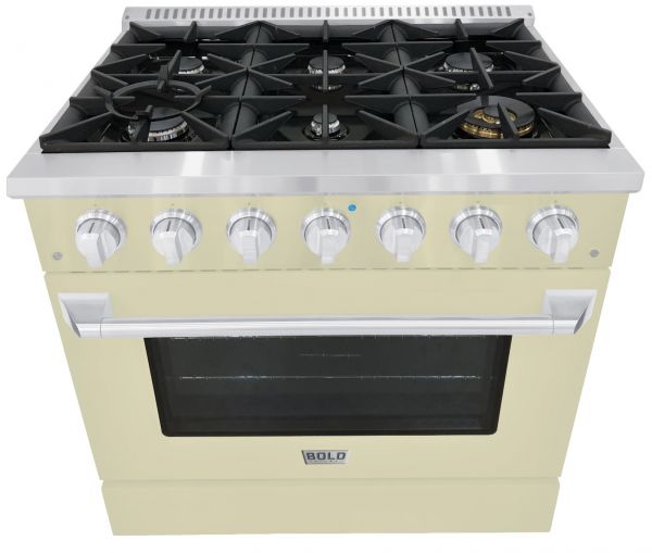 Hallman 36 In. Propane Gas Range, Antique White with Chrome Trim - Bold Series, HBRG36CMAW-LP