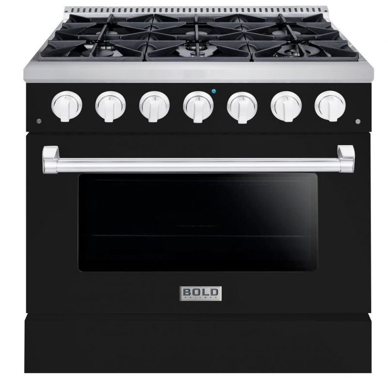 Hallman 36 In. Propane Gas Range, Glossy Black with Chrome Trim - Bold Series, HBRG36CMGB-LP