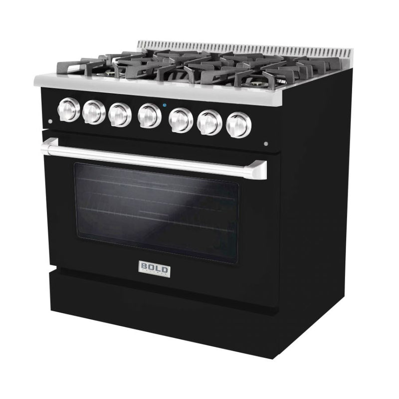 Hallman 36 In. Propane Gas Range, Glossy Black with Chrome Trim - Bold Series, HBRG36CMGB-LP