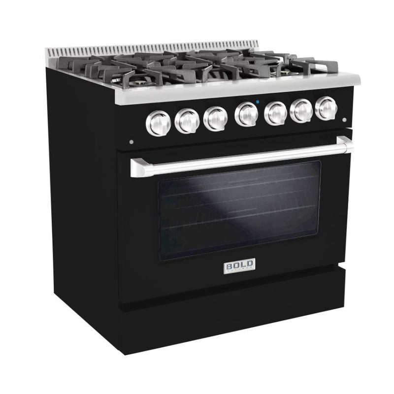 Hallman 36 In. Propane Gas Range, Glossy Black with Chrome Trim - Bold Series, HBRG36CMGB-LP