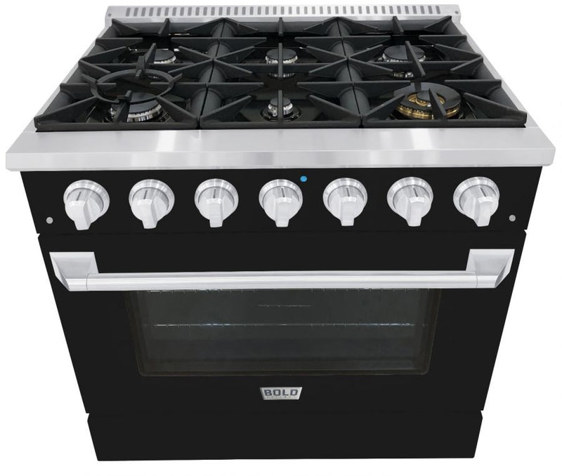 Hallman 36 In. Propane Gas Range, Glossy Black with Chrome Trim - Bold Series, HBRG36CMGB-LP