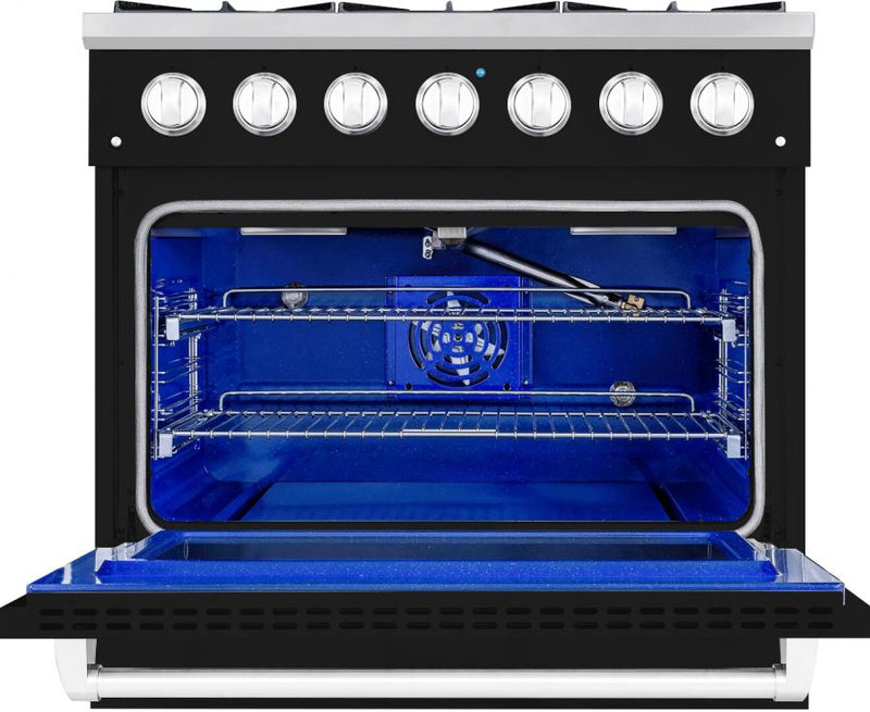 Hallman 36 In. Propane Gas Range, Glossy Black with Chrome Trim - Bold Series, HBRG36CMGB-LP