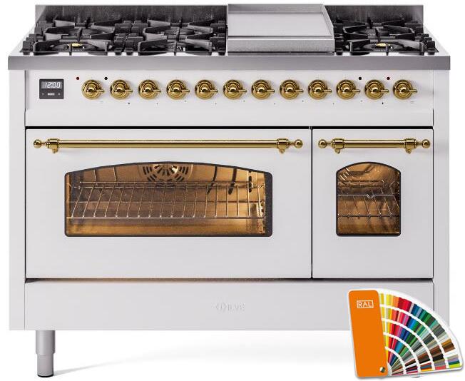 ILVE 48" Nostalgie II Series Freestanding Double Oven Dual Fuel Range with 8 Sealed Burners and Griddle - UP48FNMP