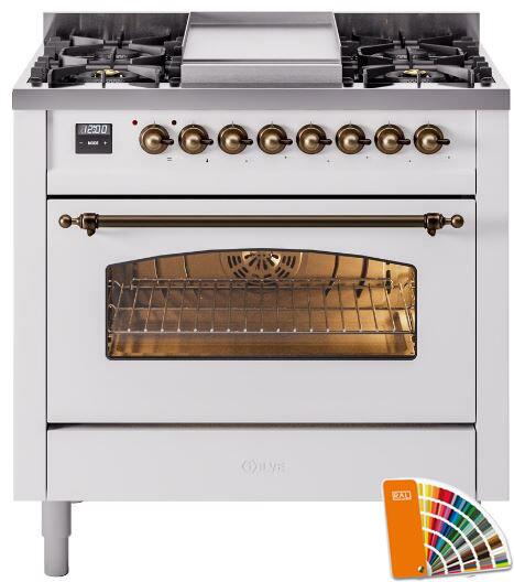 ILVE 36" Nostalgie II Series Freestanding Single Oven Dual Fuel Range with 6 burners + Fry Top - UP36FNMP