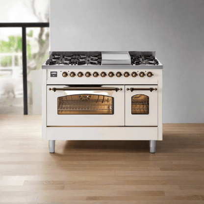 ILVE nostalgie range 48 in white with bronze knobs