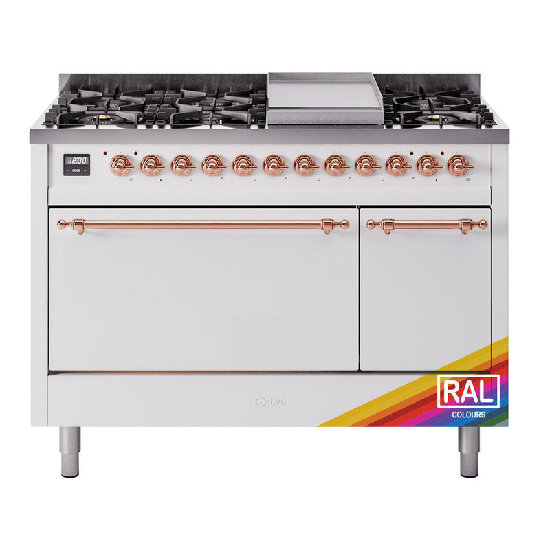 ILVE Nostalgie II 48" Dual Fuel Range with 8 Sealed Burners + Griddle Solid Door - UP48FQNMP