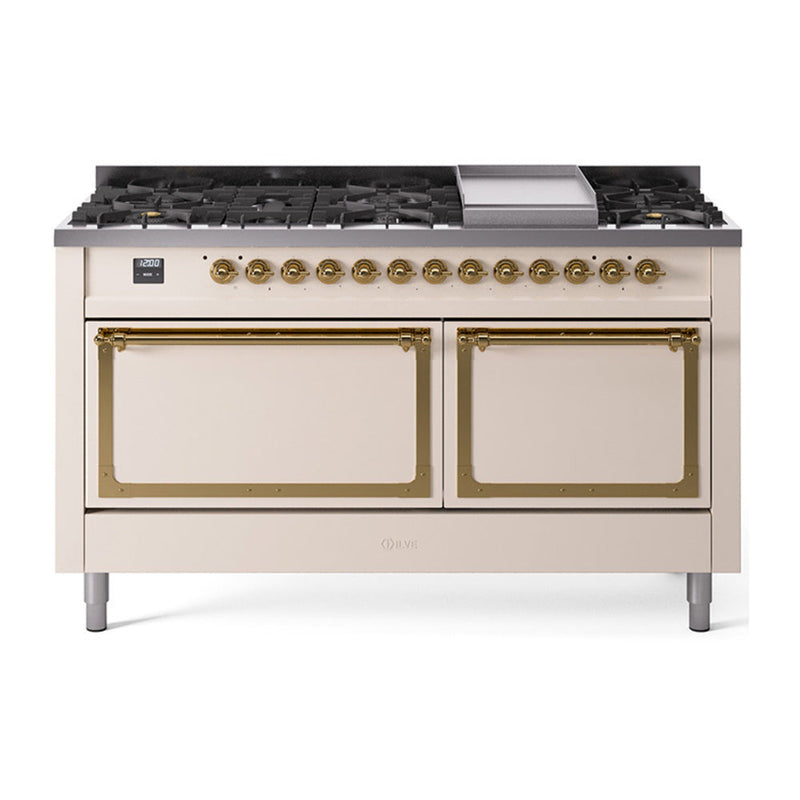 ILVE Nostalgie II Noblesse 60″ Dual Fuel Freestanding Range 9 Sealed Burners + Griddle with Solid Door - UN60FQNMP