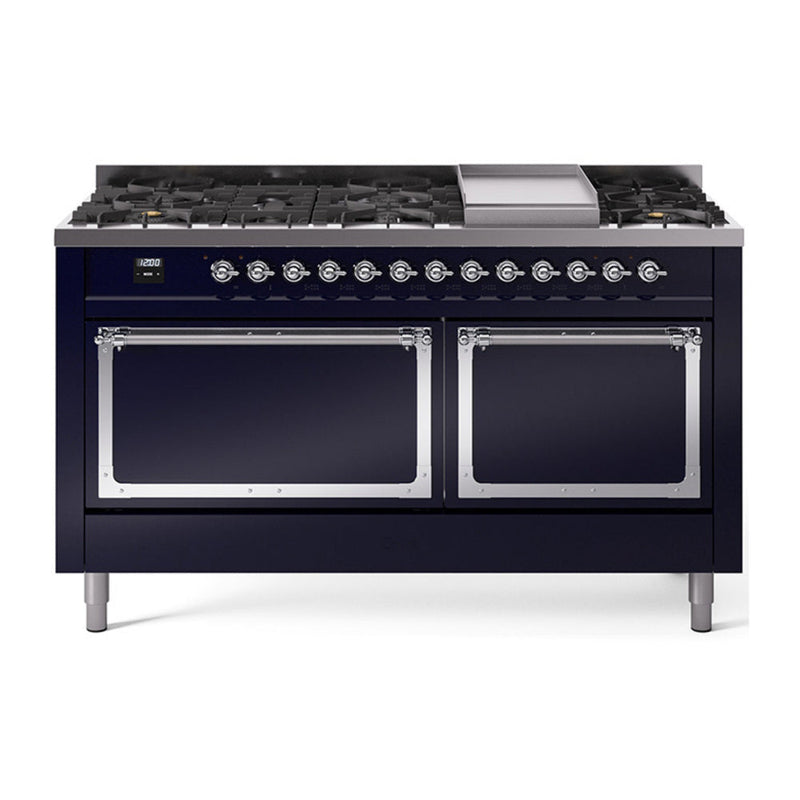 ILVE Nostalgie II Noblesse 60″ Dual Fuel Freestanding Range 9 Sealed Burners + Griddle with Solid Door - UN60FQNMP