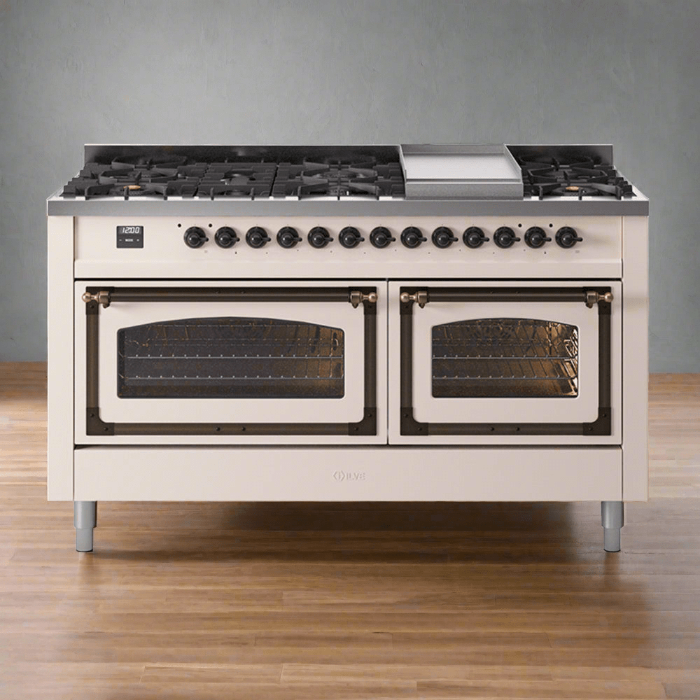 ILVE Nostalgie II Noblesse 60" Dual Fuel Freestanding Range with 9 Sealed Burners + Griddle with Triple Glass Door - UN60FNMP