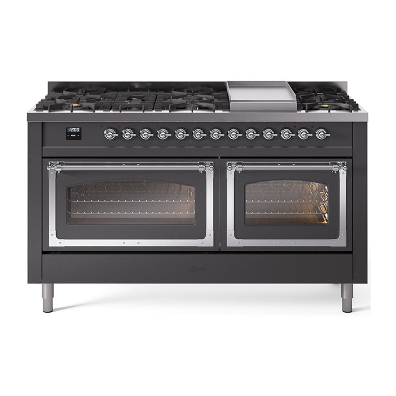 ILVE Nostalgie II Noblesse 60" Dual Fuel Freestanding Range with 9 Sealed Burners + Griddle with Triple Glass Door - UN60FNMP