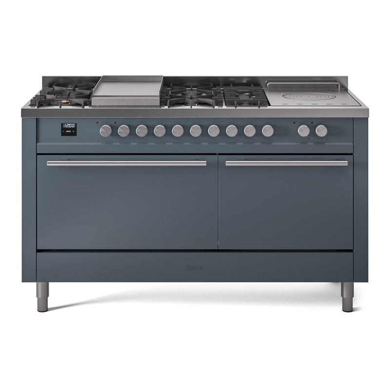 ILVE Professional Plus II 60" Dual Fuel Range with 7 Sealed Burners + Griddle + French Top Solid Door - UP60FSQMP