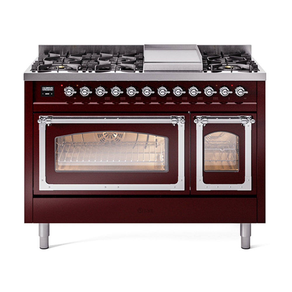 ILVE Nostalgie II Noblesse 48" Dual Fuel Freestanding Range 8 Sealed Burners + Griddle with Triple Glass Door - UN48FNMP
