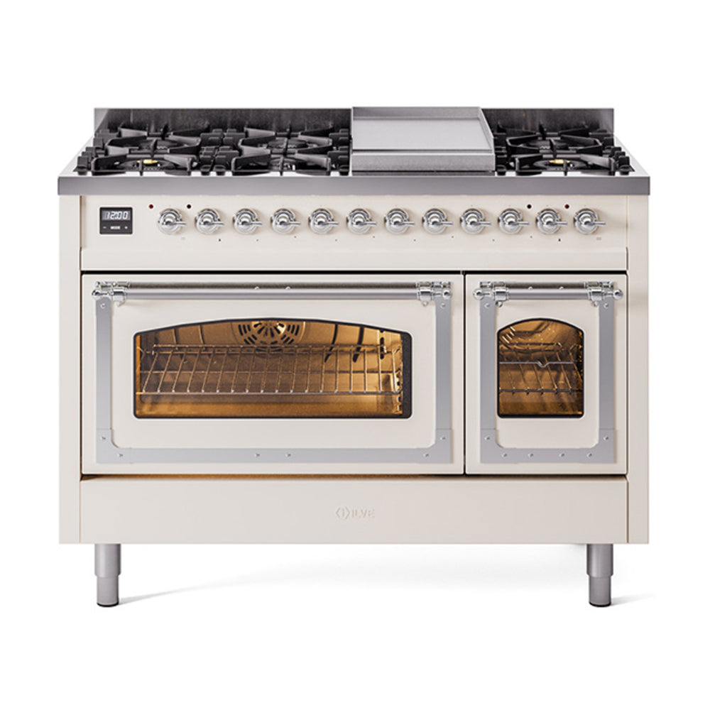 ILVE Nostalgie II Noblesse 48" Dual Fuel Freestanding Range 8 Sealed Burners + Griddle with Triple Glass Door - UN48FNMP