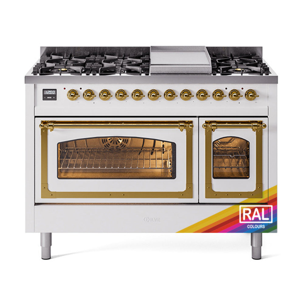 ILVE Nostalgie II Noblesse 48" Dual Fuel Freestanding Range 8 Sealed Burners + Griddle with Triple Glass Door - UN48FNMP