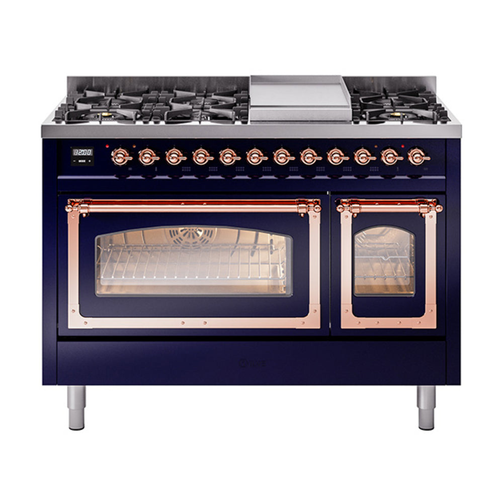 ILVE Nostalgie II Noblesse 48" Dual Fuel Freestanding Range 8 Sealed Burners + Griddle with Triple Glass Door - UN48FNMP