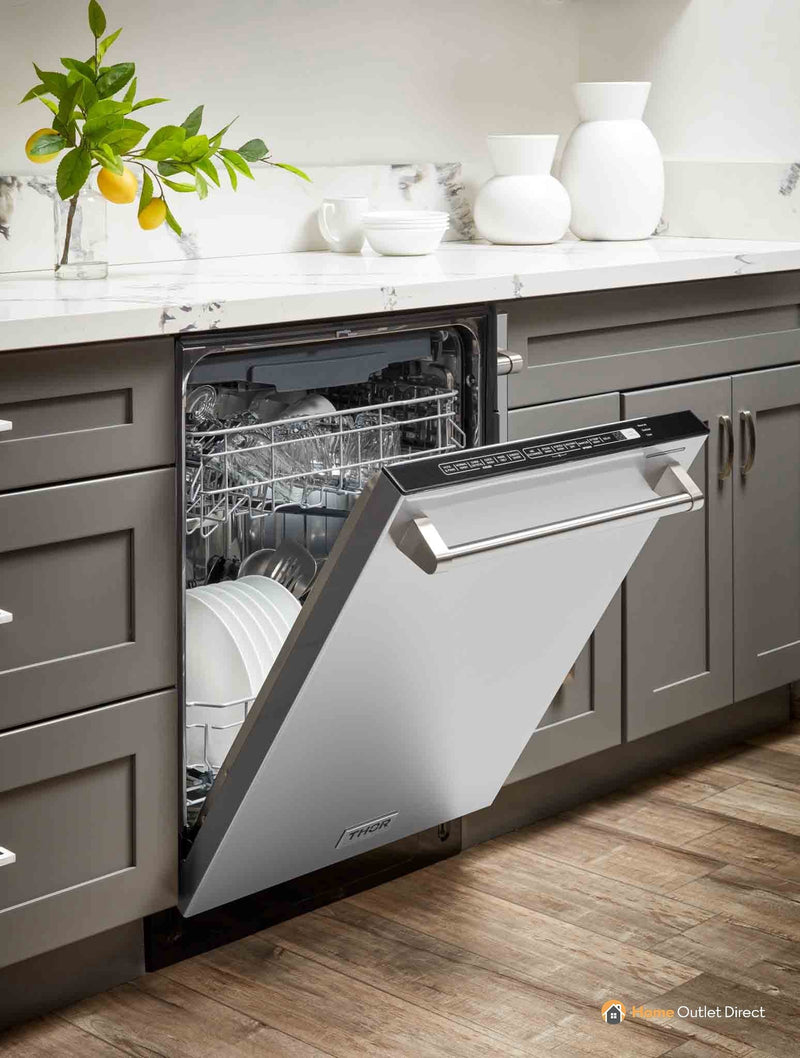 Thor Kitchen 6-Piece Appliance Package - 36-Inch Electric Range, Wall Mount Range Hood, Refrigerator, Dishwasher, Microwave, and Wine Cooler in Stainless Steel
