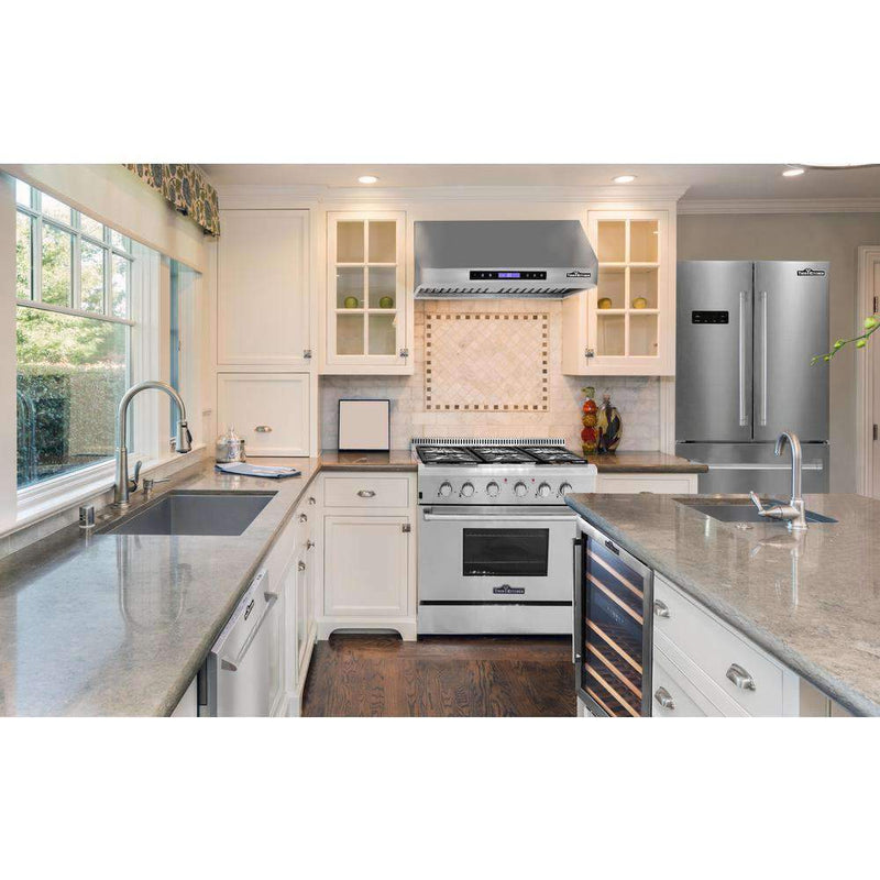 Thor Kitchen 5-Piece Appliance Package - 36-Inch Gas Range, Wall Mount Range Hood, Refrigerator, Dishwasher, and Microwave in Stainless Steel