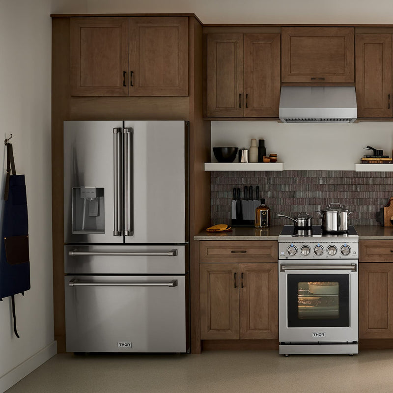 Thor Kitchen 6-Piece Appliance Package - 30-Inch Electric Range, Wall Mount Range Hood, Refrigerator with Water Dispenser, Dishwasher, Microwave, and Wine Cooler in Stainless Steel