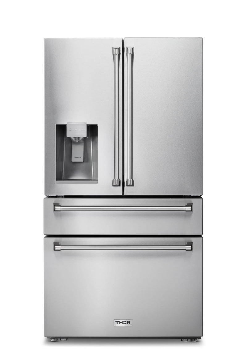 Thor Kitchen 6-Piece Appliance Package - 36-Inch Electric Range, Wall Mount Range Hood, Refrigerator with Water Dispenser, Dishwasher, Microwave, and Wine Cooler in Stainless Steel