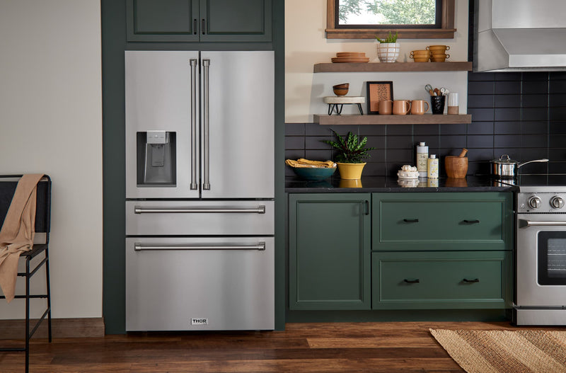 Thor Kitchen 6-Piece Appliance Package - 30-Inch Electric Range, Wall Mount Range Hood, Refrigerator with Water Dispenser, Dishwasher, Microwave, and Wine Cooler in Stainless Steel