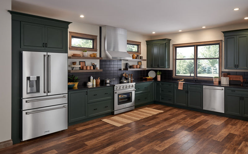 Thor Kitchen 5-Piece Appliance Package - 36-Inch Gas Range, Wall Mount Range Hood, Refrigerator with Water Dispenser, Dishwasher, and Microwave in Stainless Steel