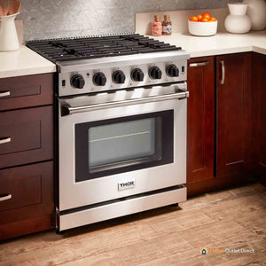 Thor Kitchen 4-Piece Appliance Package - 30-Inch Gas Range, Refrigerator with Water Dispenser, Wall Mount Hood, & Dishwasher in Stainless Steel