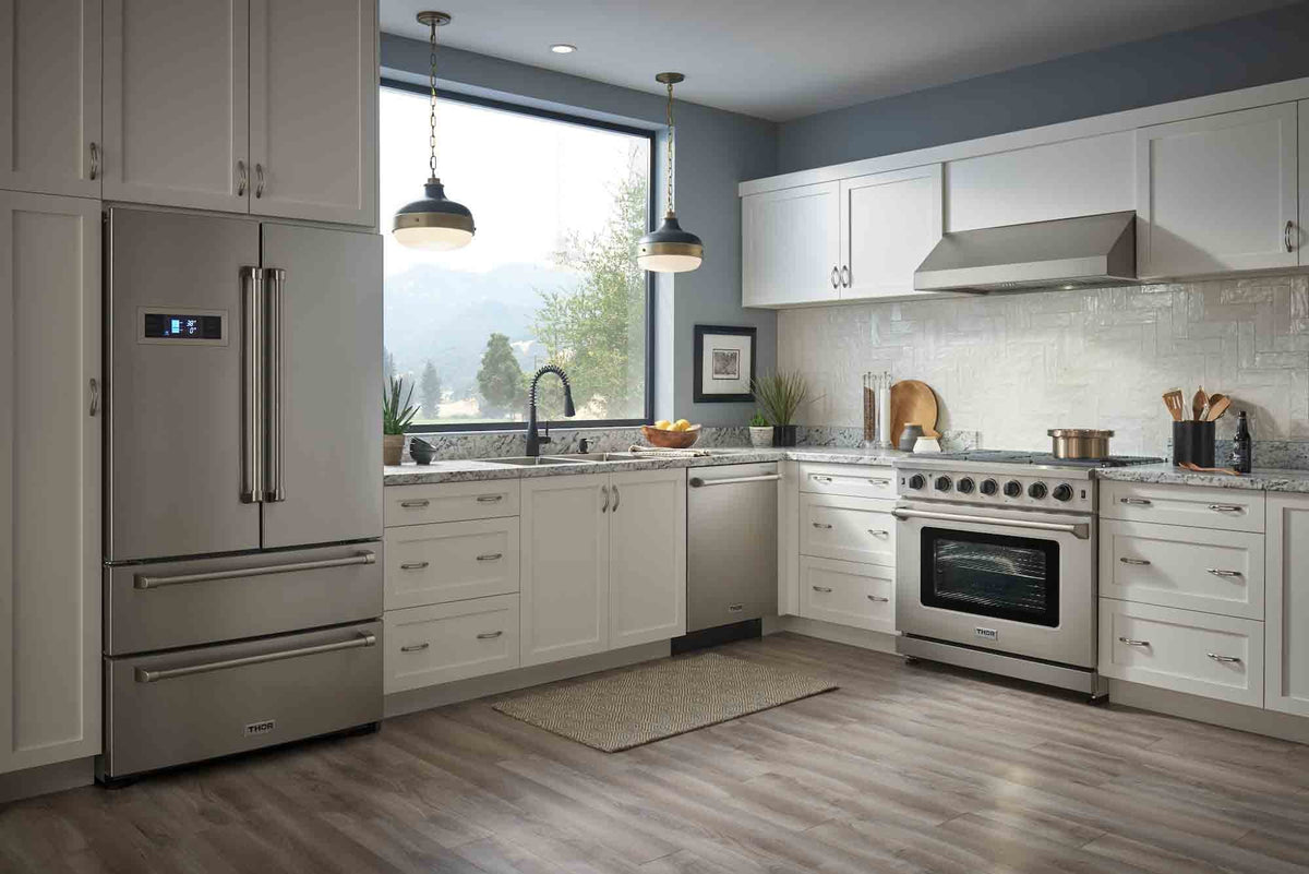 Thor Kitchen 4-Piece Appliance Package - 36-Inch Gas Range, French Door Refrigerator, Dishwasher, and Microwave Drawer in Stainless Steel
