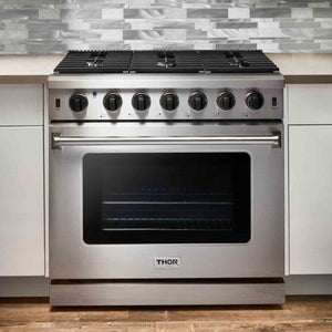 Thor Kitchen 4-Piece Appliance Package - 36-Inch Gas Range, Refrigerator with Water Dispenser, Pro-Style Wall Mount Hood, & Dishwasher in Stainless Steel