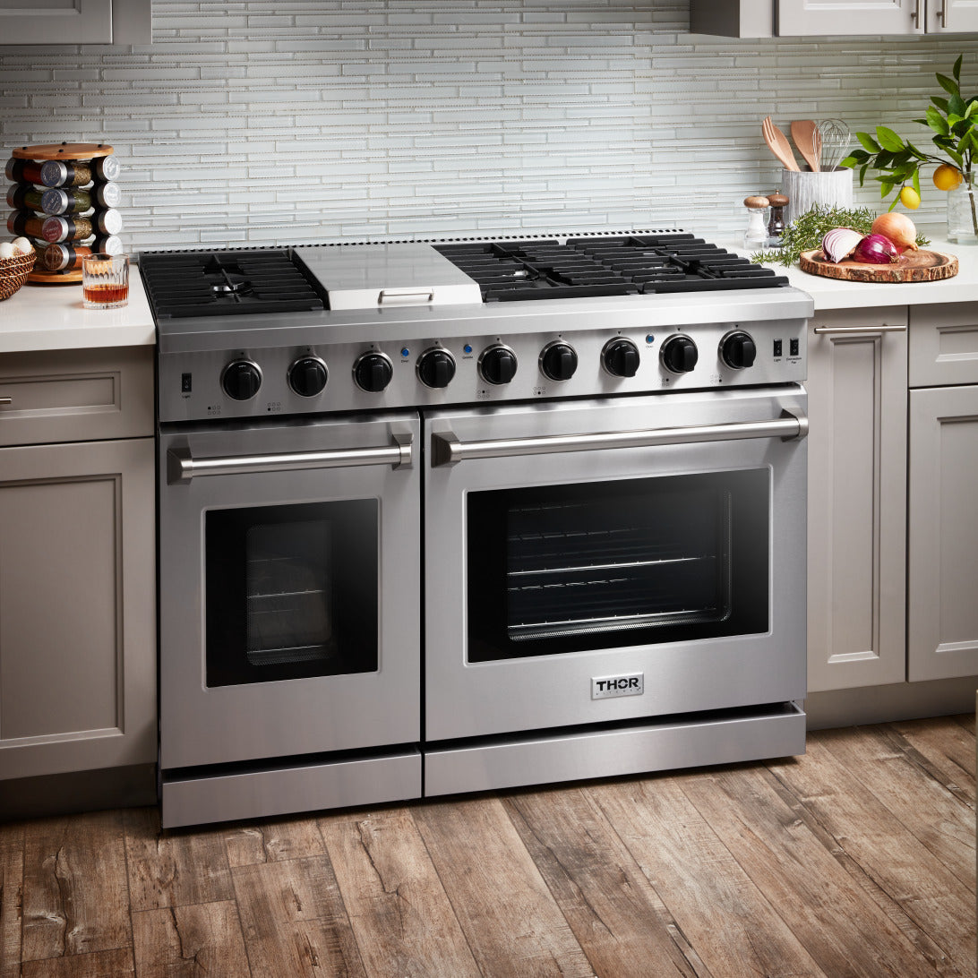 Thor Kitchen 4-Piece Appliance Package - 48-Inch Gas Range, French Door Refrigerator, Dishwasher & Under Cabinet 11-Inch Tall Hood in Stainless Steel