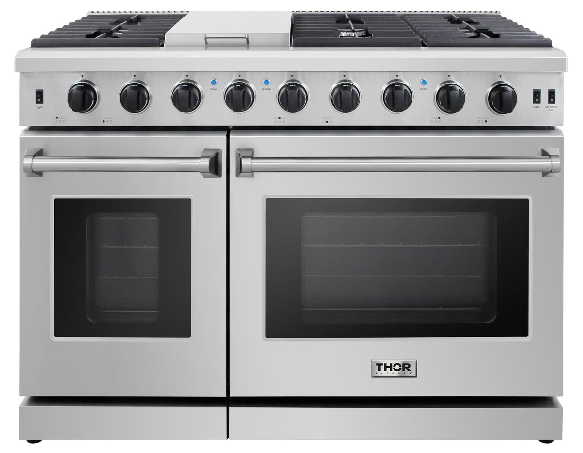 Thor Kitchen 4-Piece Appliance Package - 48-Inch Gas Range, French Door Refrigerator, Dishwasher, and Microwave Drawer in Stainless Steel