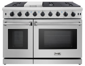 Thor Kitchen 4-Piece Appliance Package - 48-Inch Gas Range, French Door Refrigerator, Dishwasher, and Microwave Drawer in Stainless Steel