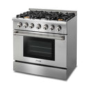 Thor Kitchen 4-Piece Pro Appliance Package - 36-Inch Gas Range, Refrigerator with Water Dispenser, Dishwasher, & Microwave Drawer in Stainless Steel