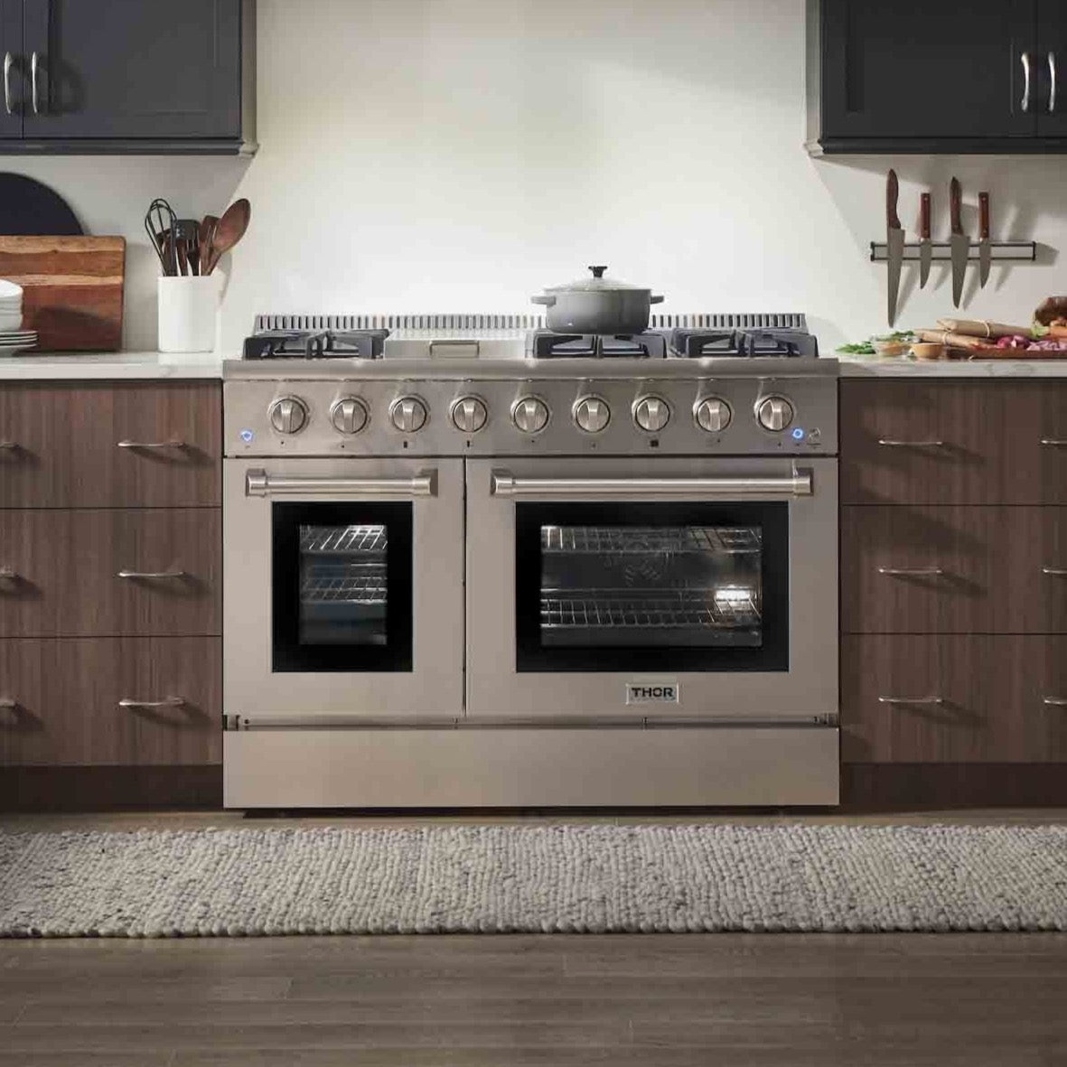 Thor Kitchen 4-Piece Pro Appliance Package - 48-Inch Dual Fuel Range, French Door Refrigerator, Dishwasher, and Microwave Drawer in Stainless Steel