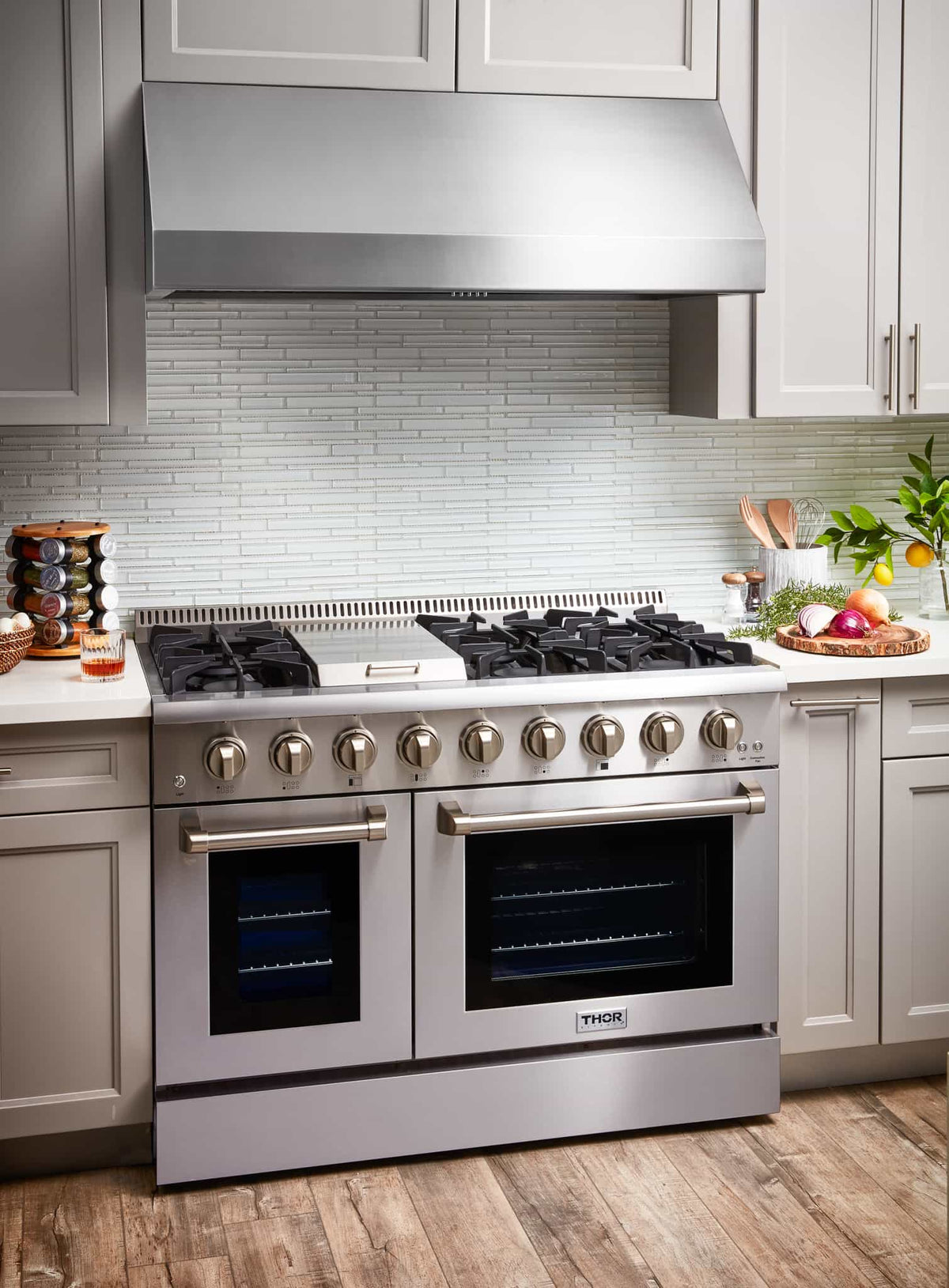 Thor Kitchen 4-Piece Pro Appliance Package - 48-Inch Gas Range, French Door Refrigerator, Dishwasher & Under Cabinet 11-Inch Tall Hood in Stainless Steel