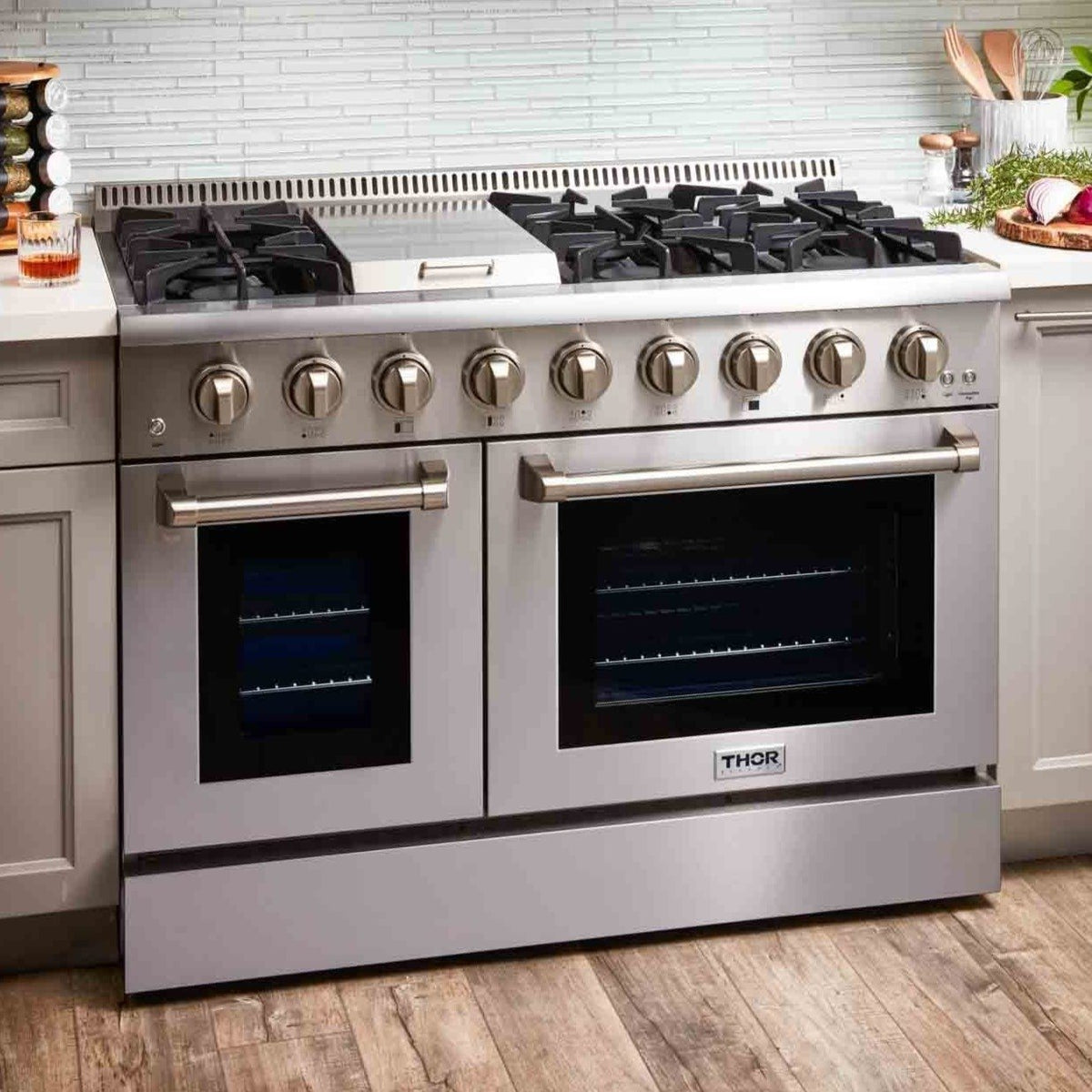 Thor Kitchen 4-Piece Pro Appliance Package - 48-Inch Gas Range, French Door Refrigerator, Dishwasher, and Microwave Drawer in Stainless Steel