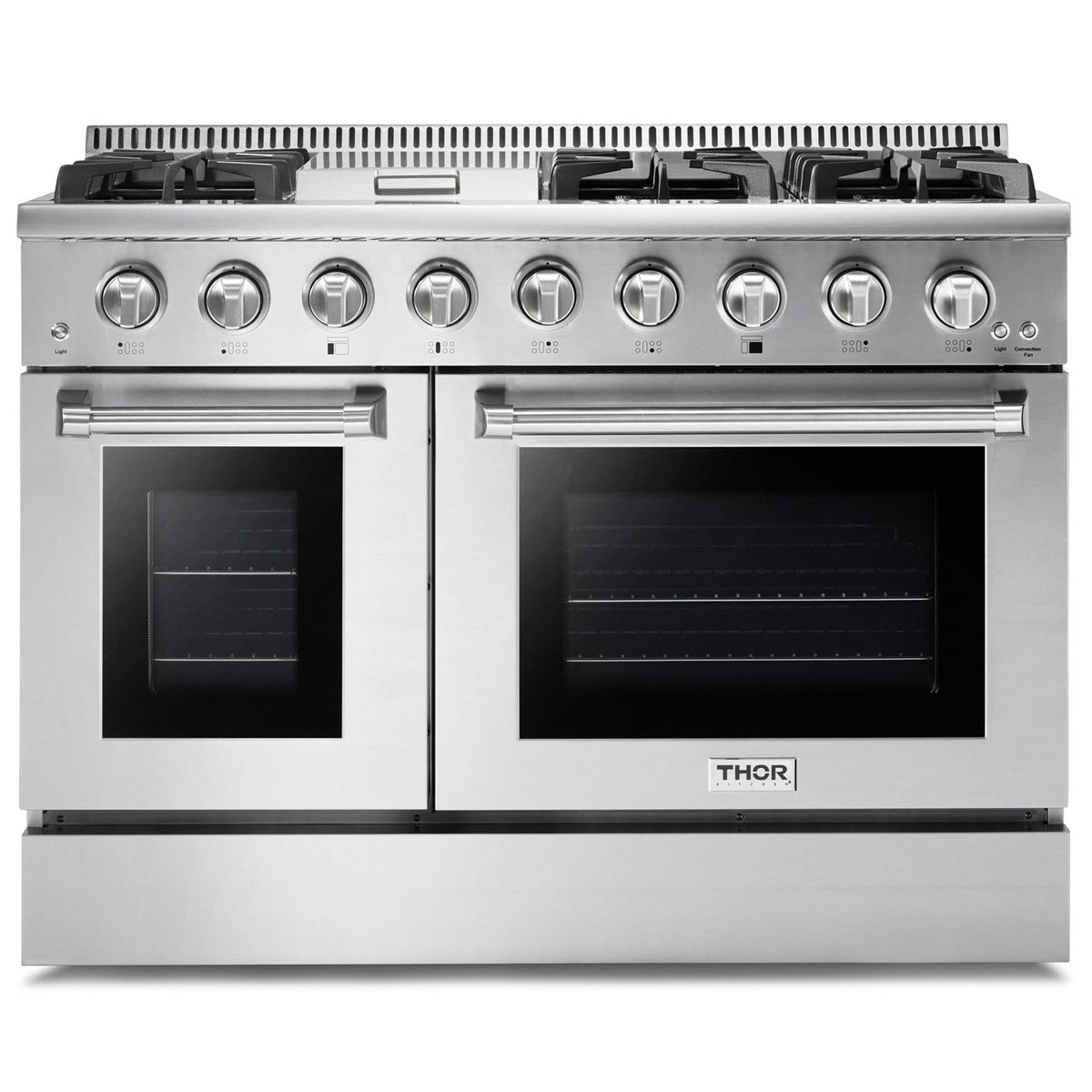 Thor Kitchen 4-Piece Pro Appliance Package - 48-Inch Gas Range, Refrigerator with Water Dispenser, Dishwasher, & Microwave Drawer in Stainless Steel