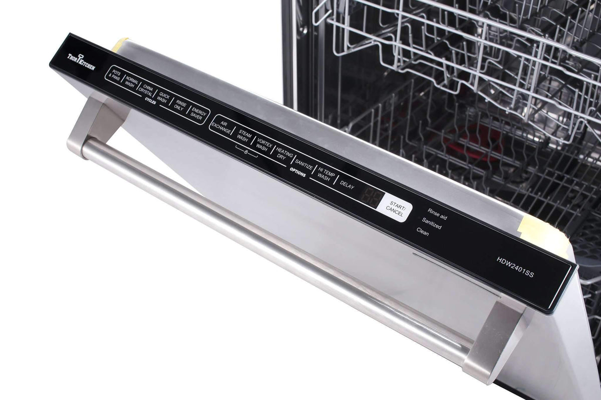 Thor Kitchen 5-Piece Appliance Package - 36-Inch Electric Range with Tilt Panel, French Door Refrigerator, Pro-Style Wall Mount Hood, Dishwasher, and Microwave Drawer in Stainless Steel