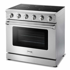 Thor Kitchen 5-Piece Appliance Package - 36-Inch Electric Range, French Door Refrigerator, Wall Mount Hood, Dishwasher, & Wine Cooler in Stainless Steel