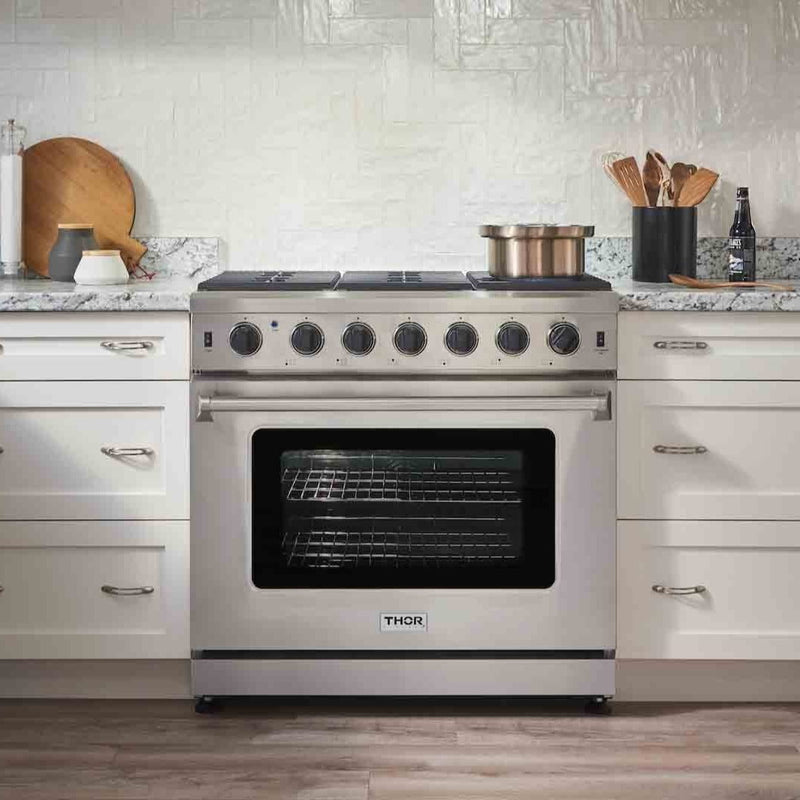 Thor Kitchen 5-Piece Appliance Package - 36-Inch Gas Range, French Door Refrigerator, Wall Mount Hood, Dishwasher, and Wine Cooler in Stainless Steel