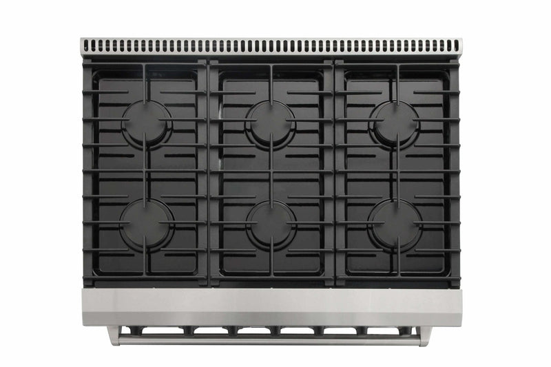Thor Kitchen 5-Piece Appliance Package - 36-Inch Gas Range, French Door Refrigerator, Wall Mount Hood, Dishwasher, and Wine Cooler in Stainless Steel