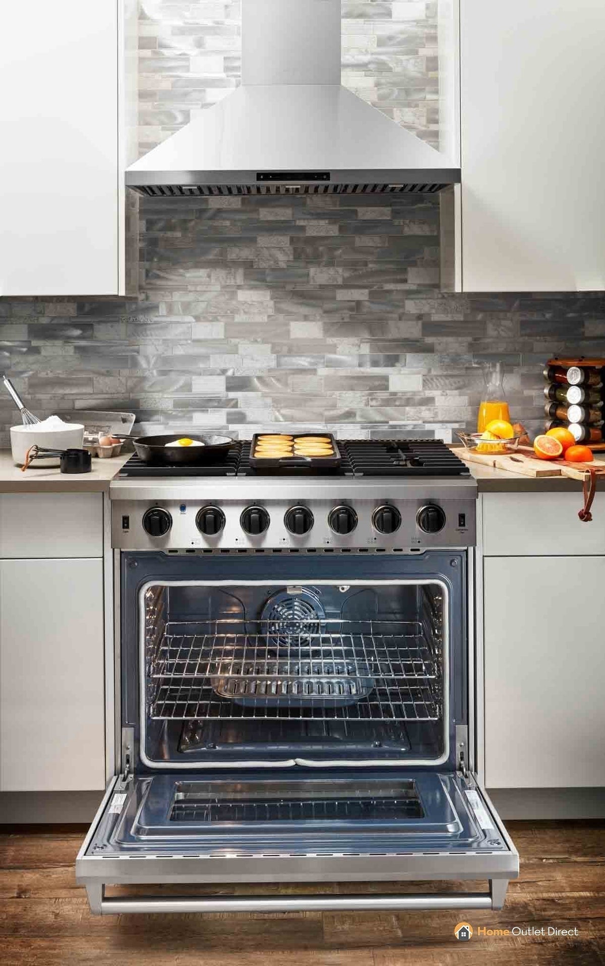 Thor Kitchen 5-Piece Appliance Package - 36-Inch Gas Range, French Door Refrigerator, Wall Mount Hood, Dishwasher, and Wine Cooler in Stainless Steel