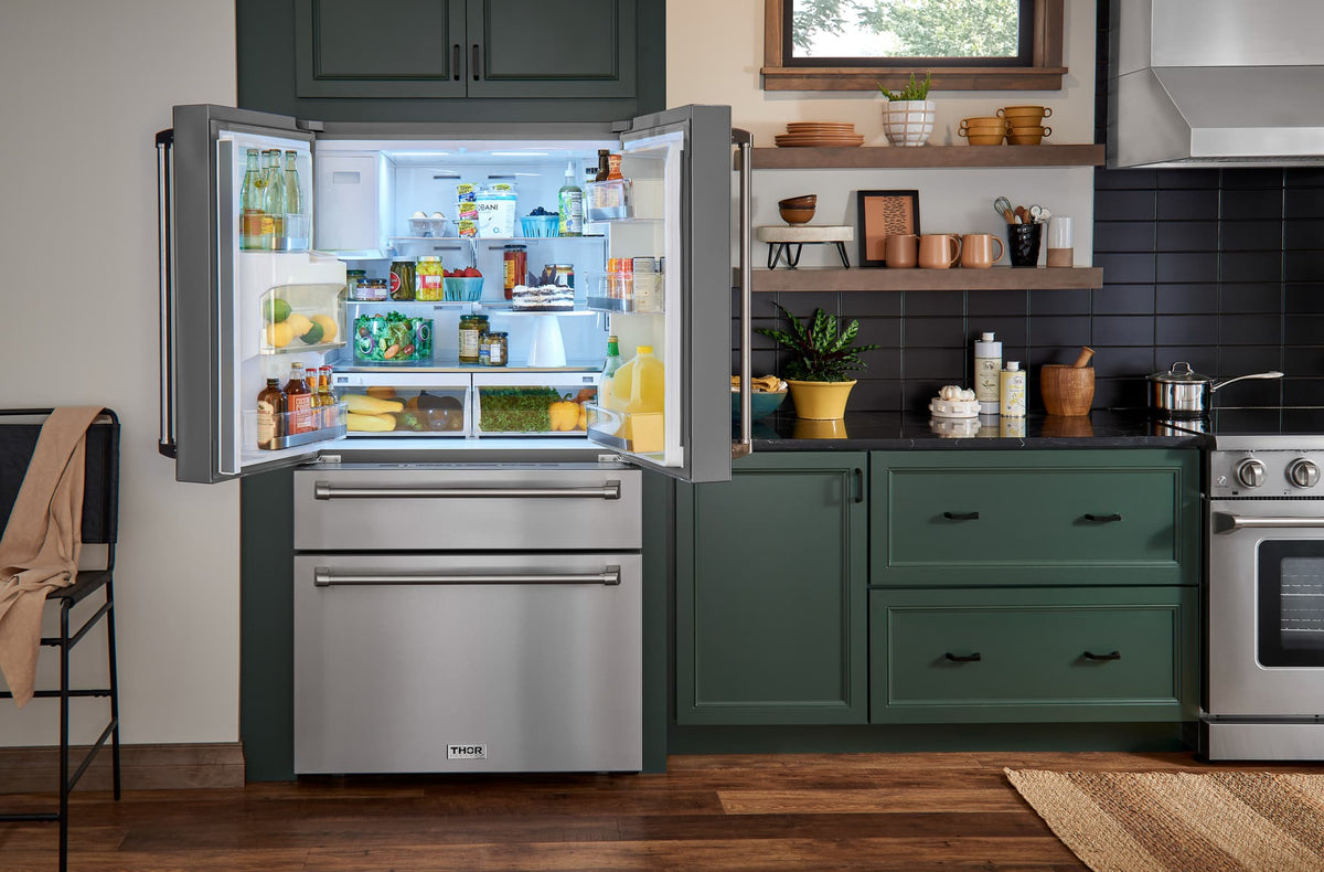 Thor Kitchen 5-Piece Appliance Package - 36-Inch Gas Range, Refrigerator with Water Dispenser, Pro-Style Wall Mount Hood, Dishwasher, & Microwave Drawer in Stainless Steel