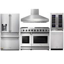 Thor Kitchen 5-Piece Appliance Package - 48-Inch Gas Range, Pro Wall Mount Hood, Refrigerator with Water Dispenser, Dishwasher, & Wine Cooler in Stainless Steel