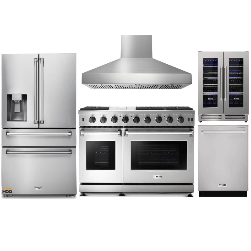 Thor Kitchen 5-Piece Appliance Package - 48-Inch Gas Range, Pro Wall Mount Hood, Refrigerator with Water Dispenser, Dishwasher, & Wine Cooler in Stainless Steel
