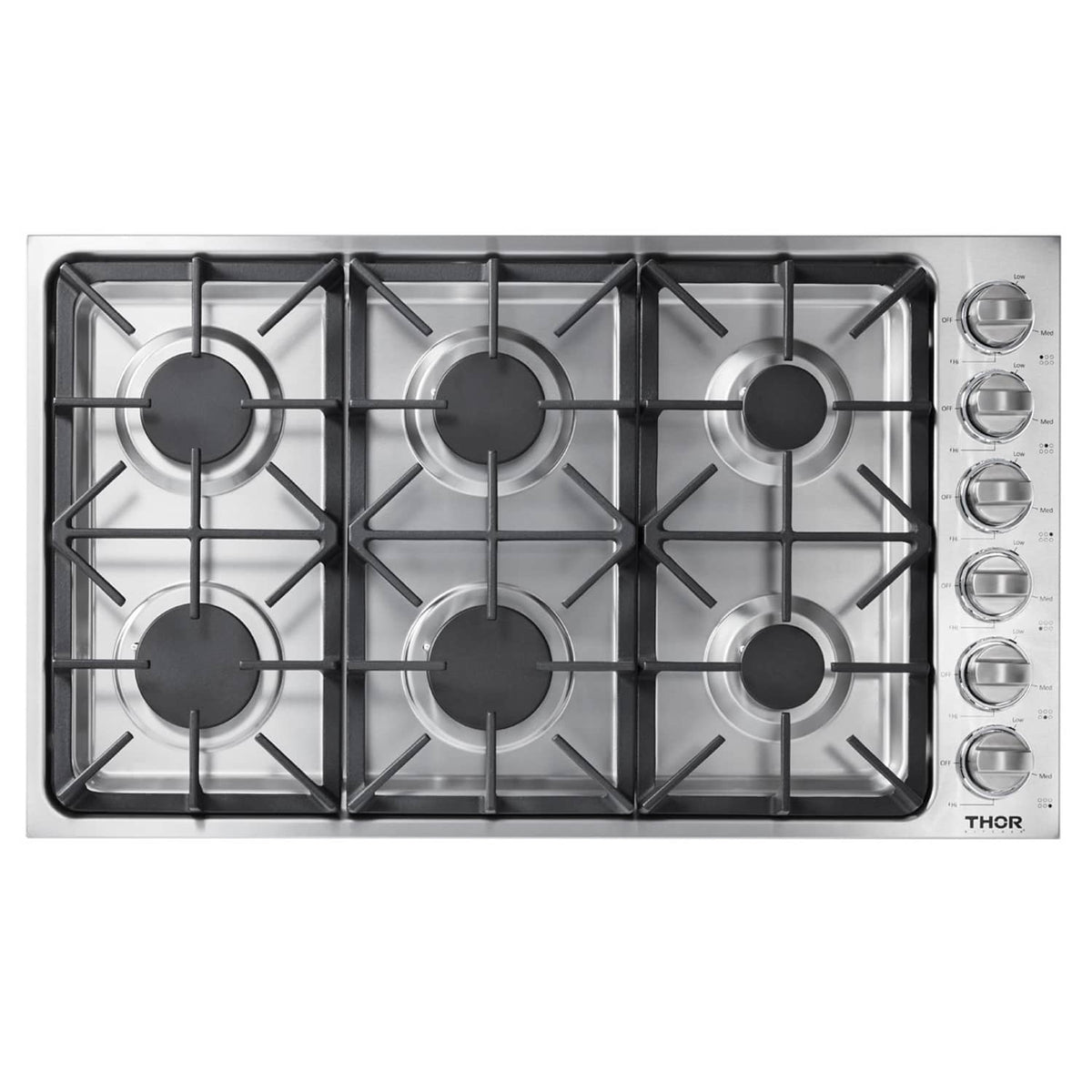 Thor Kitchen 5-Piece Pro Appliance Package - 36-Inch Gas Cooktop, Electric Wall Oven, Wall Mount Hood, Dishwasher & Refrigerator with Water Dispenser in Stainless Steel