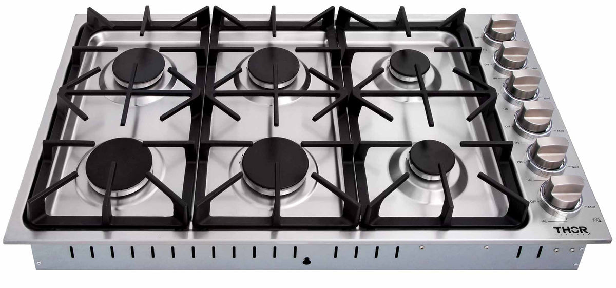 Thor Kitchen 5-Piece Pro Appliance Package - 36-Inch Gas Cooktop, Electric Wall Oven, Pro-Style Wall Mount Hood, Dishwasher & Refrigerator with Water Dispenser in Stainless Steel
