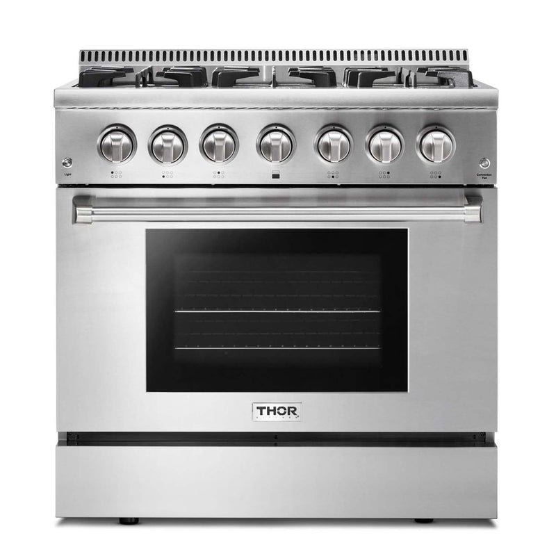 Thor Kitchen 5-Piece Pro Appliance Package - 36-Inch Dual Fuel Range, French Door Refrigerator, Wall Mount Hood, Dishwasher, and Wine Cooler in Stainless Steel