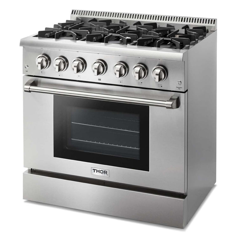 Thor Kitchen 5-Piece Pro Appliance Package - 36-Inch Dual Fuel Range, French Door Refrigerator, Wall Mount Hood, Dishwasher, and Wine Cooler in Stainless Steel