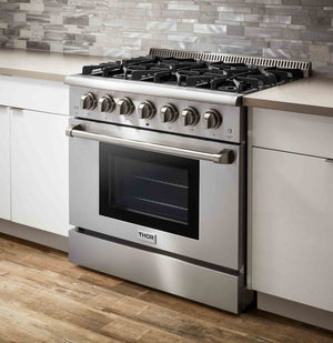 Thor Kitchen 5-Piece Pro Appliance Package - 36-Inch Gas Range, French Door Refrigerator, Wall Mount Hood, Dishwasher, and Wine Cooler in Stainless Steel