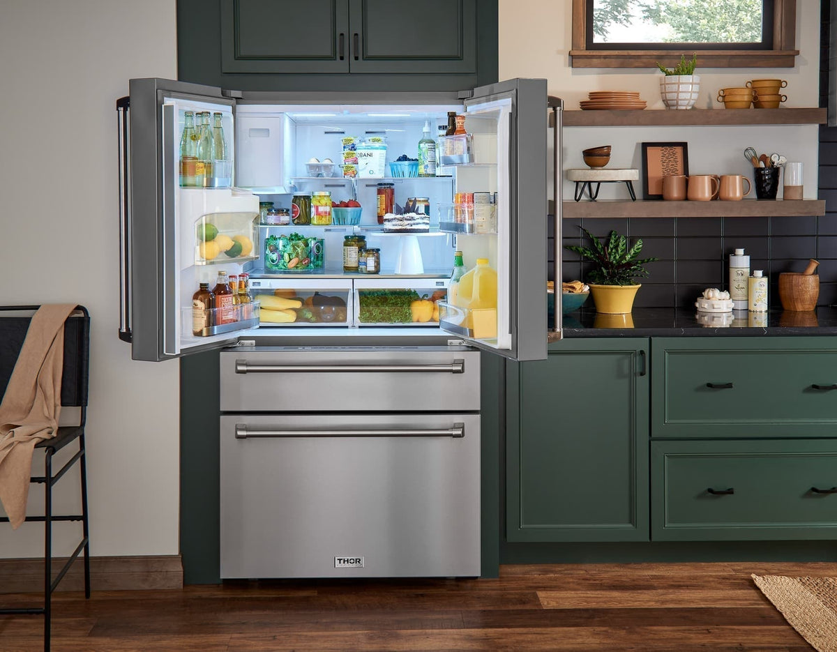 Thor Kitchen 5-Piece Pro Appliance Package - 36-Inch Rangetop, Electric Wall Oven, Pro-Style Wall Mount Hood, Dishwasher & Refrigerator with Water Dispenser in Stainless Steel